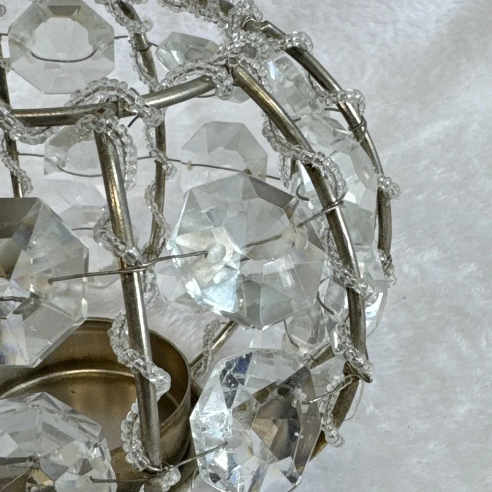 Vintage‎ Beaded Crystal Prism Votive Candle Holder Silver Tone